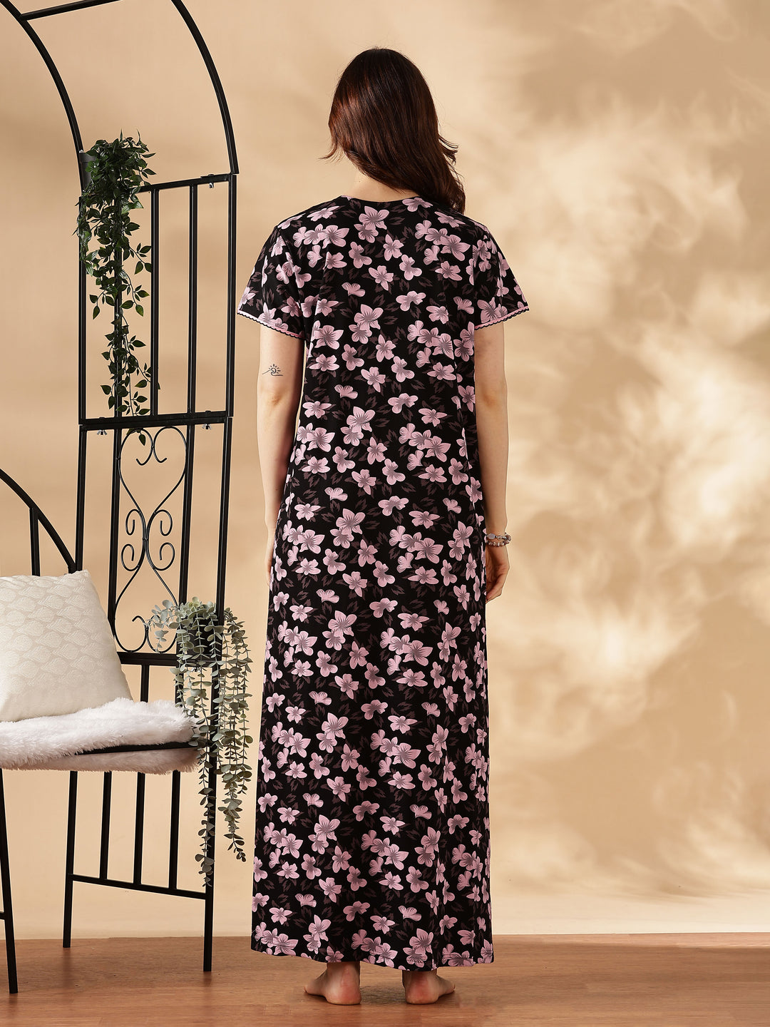 Pink Floral Front Open Nighty for Women with Zip and Pocket