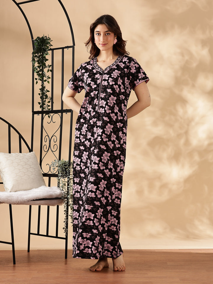 Pink Floral Front Open Nighty for Women with Zip and Pocket