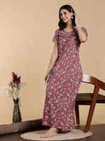 Pink Hosiery Cotton Floral Embroidered Nighty for Women Comfortable Fit