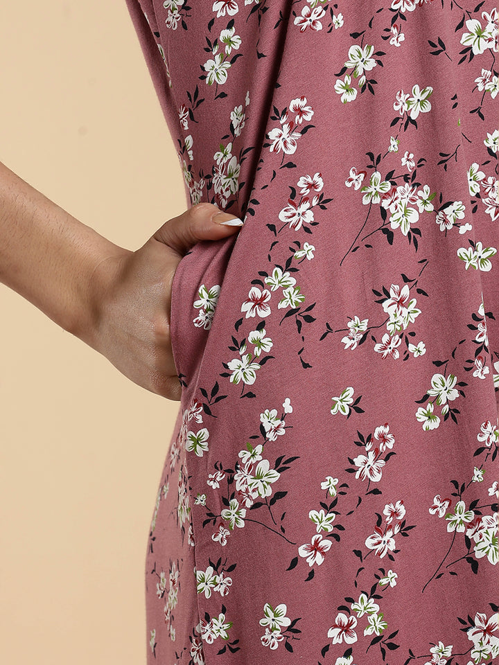 Pink Hosiery Cotton Floral Embroidered Night Dress for Women