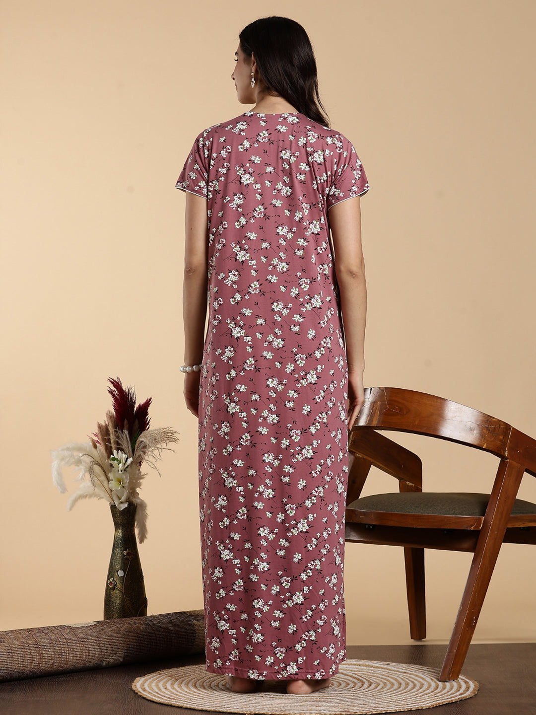 Pink Hosiery Cotton Floral Embroidered Night Dress for Women