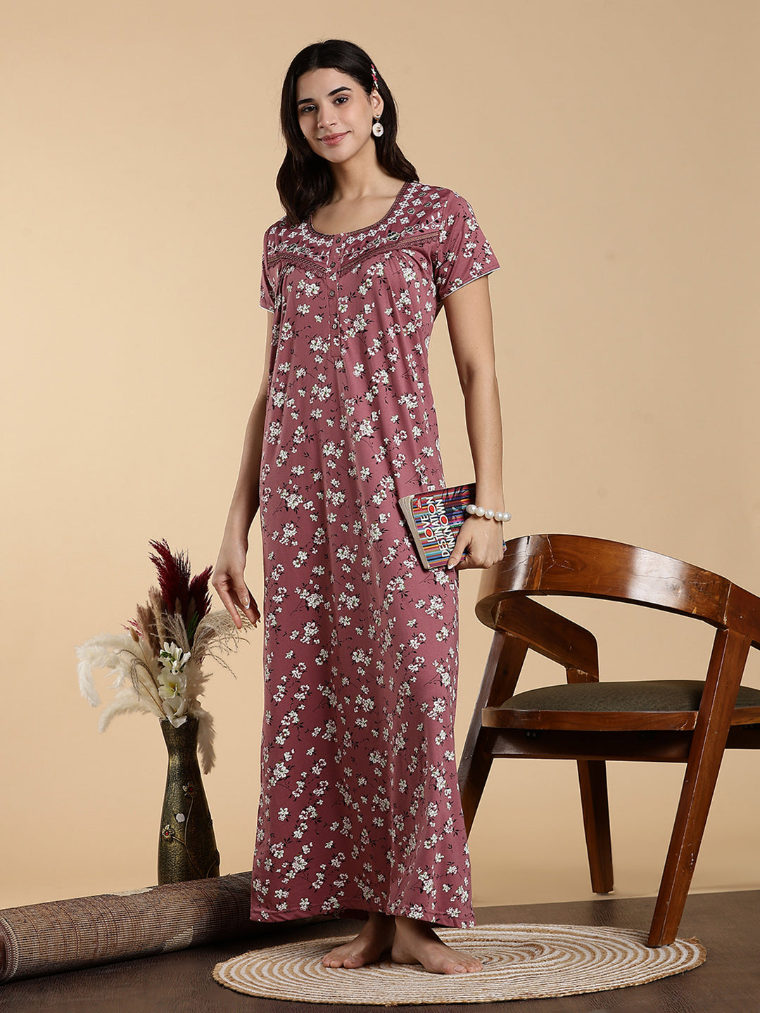 Pink Hosiery Cotton Floral Embroidered Night Dress for Women