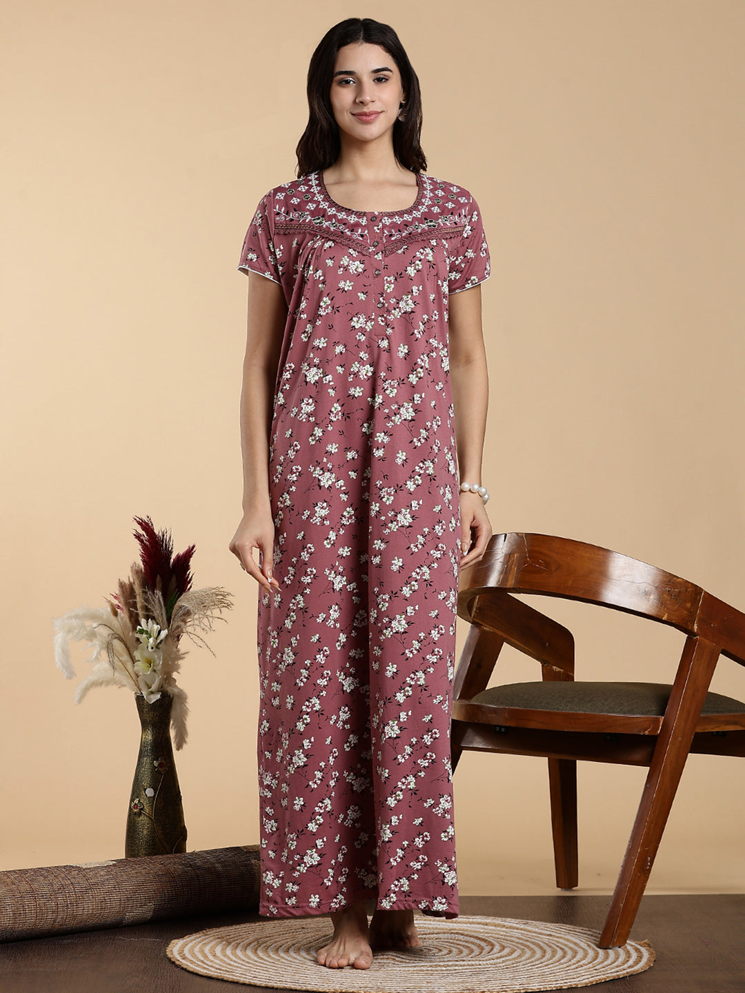 Pink Hosiery Cotton Floral Embroidered Night Dress for Women