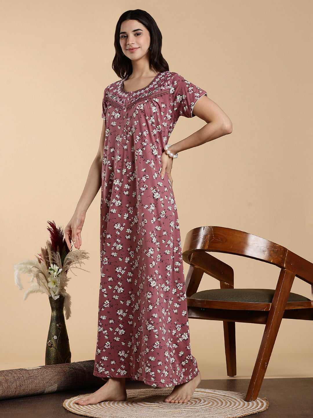 Pink Hosiery Cotton Floral Embroidered Night Dress for Women
