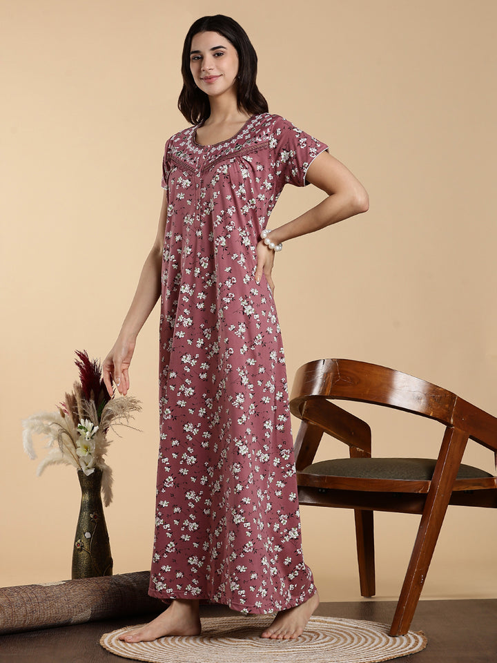 Pink Hosiery Cotton Floral Embroidered Night Dress for Women