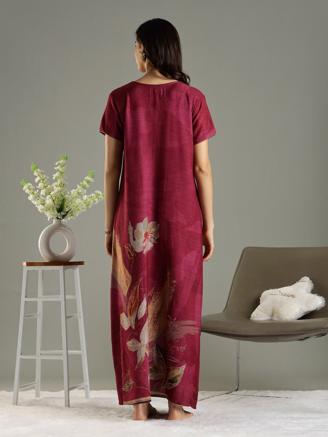 Magenta Pink Embroidered Long Nighty For Ladies In Alpine