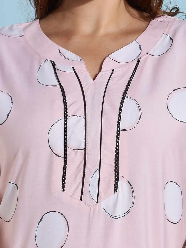 Pink Polka Dot Rayon Night dress for Women