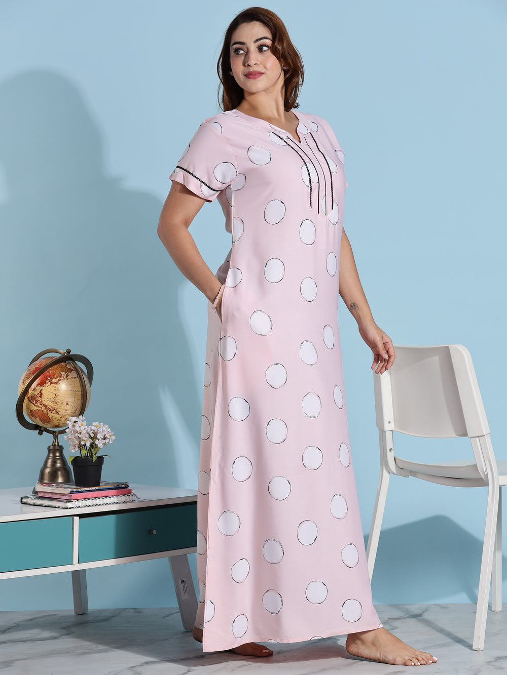 Pink Polka Dot Rayon Night dress for Women