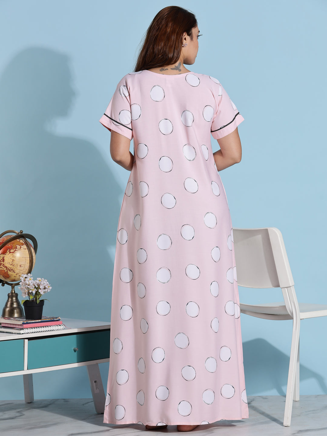 Pink Polka Dot Rayon Night dress for Women