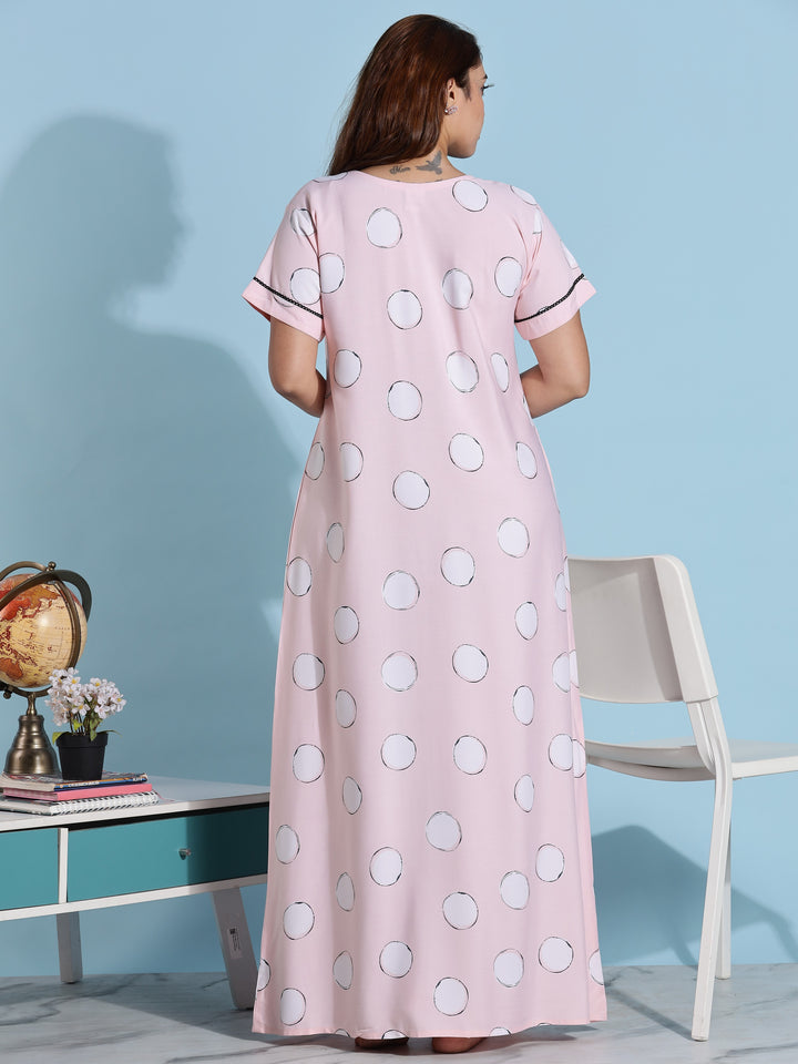 Pink Polka Dot Rayon Night dress for Women