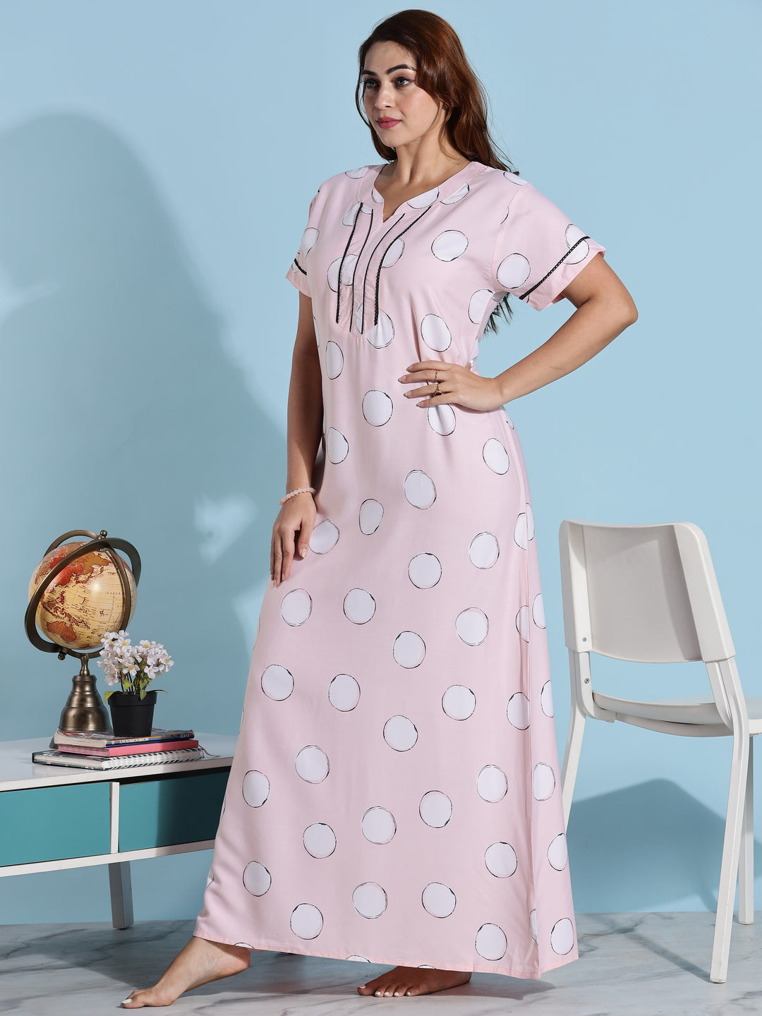 Pink Polka Dot Rayon Night dress for Women
