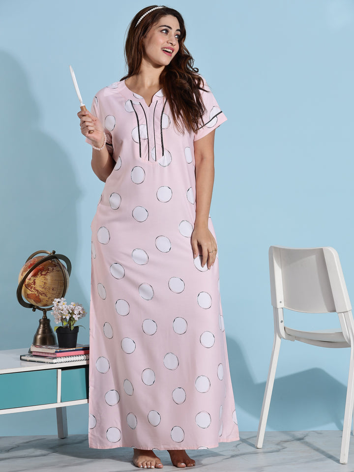 Pink Polka Dot Rayon Night dress for Women