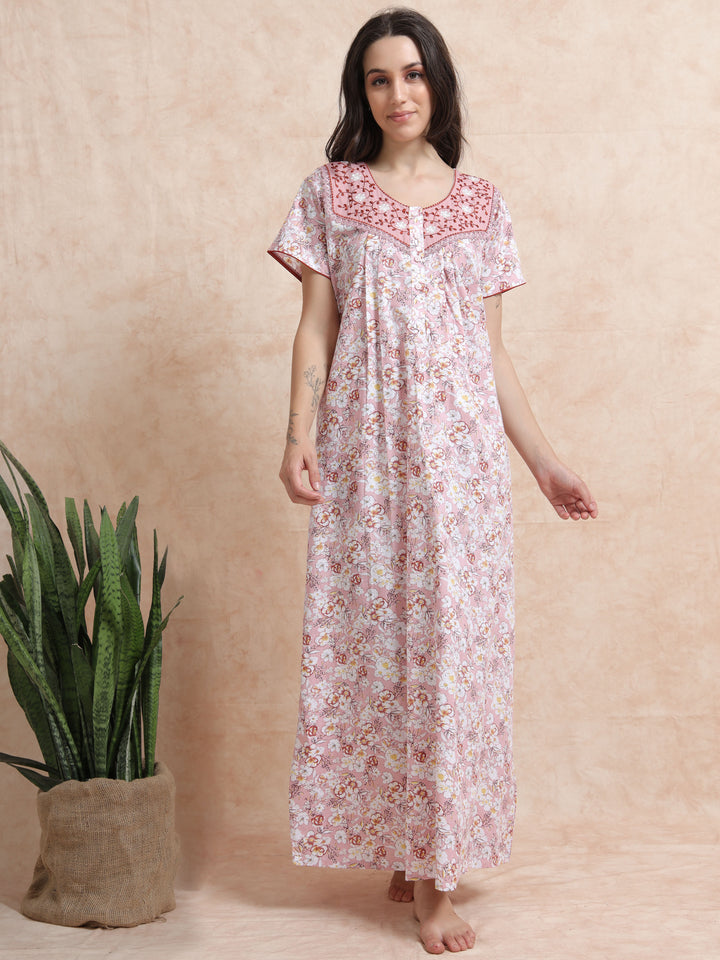 Pink Pure Cotton Floral Nighty for Women