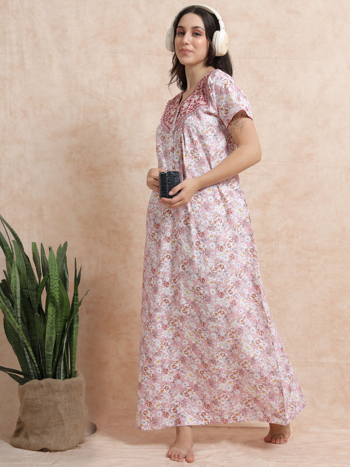 Pink Pure Cotton Floral Nighty for Women