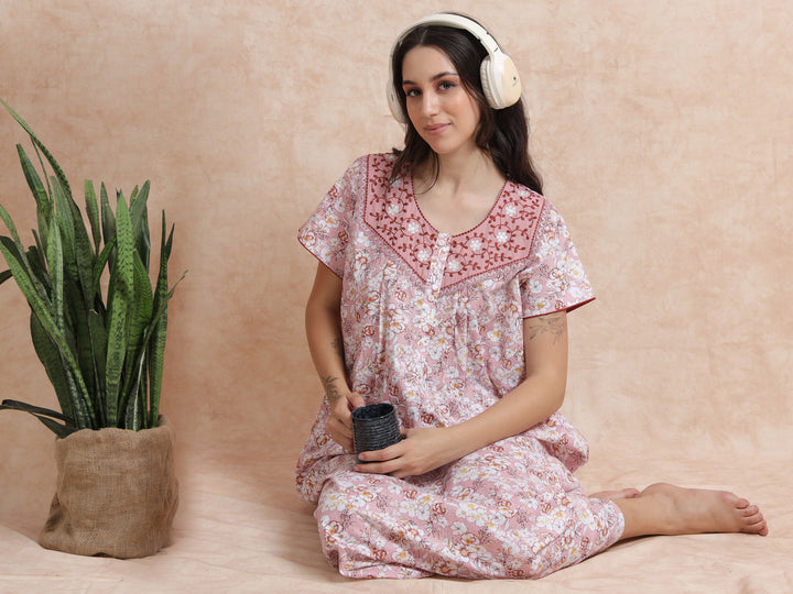 Pink Pure Cotton Floral Nighty for Women