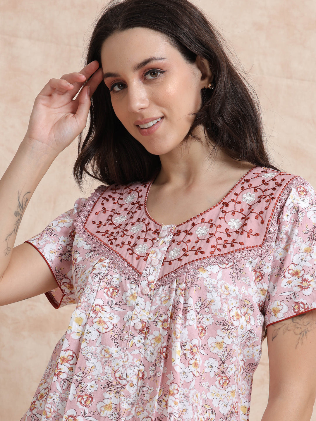 Pink Pure Cotton Floral Nighty for Women