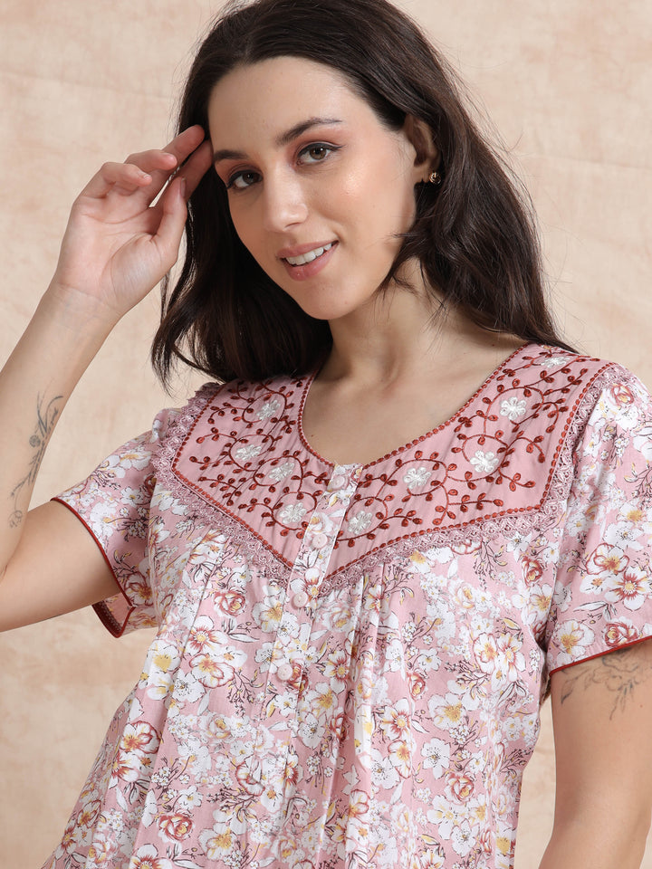 Pink Pure Cotton Floral Nighty for Women