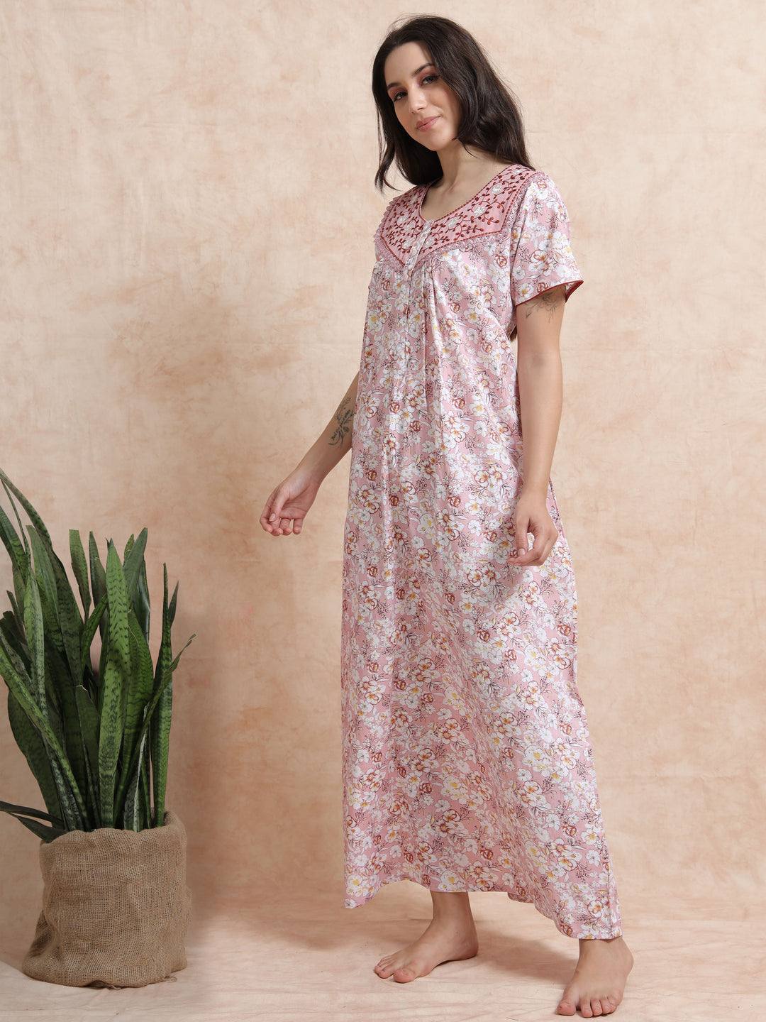 Pink Pure Cotton Floral Nighty for Women