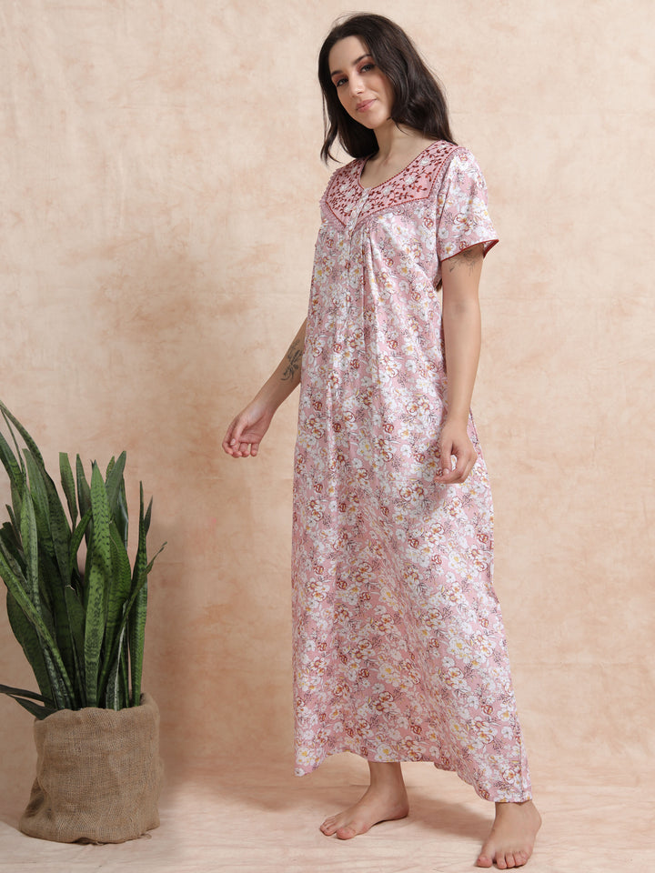 Pink Pure Cotton Floral Nighty for Women
