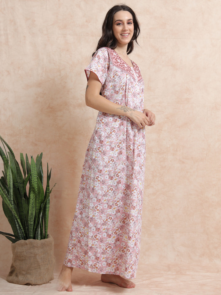 Pink Pure Cotton Floral Nighty for Women