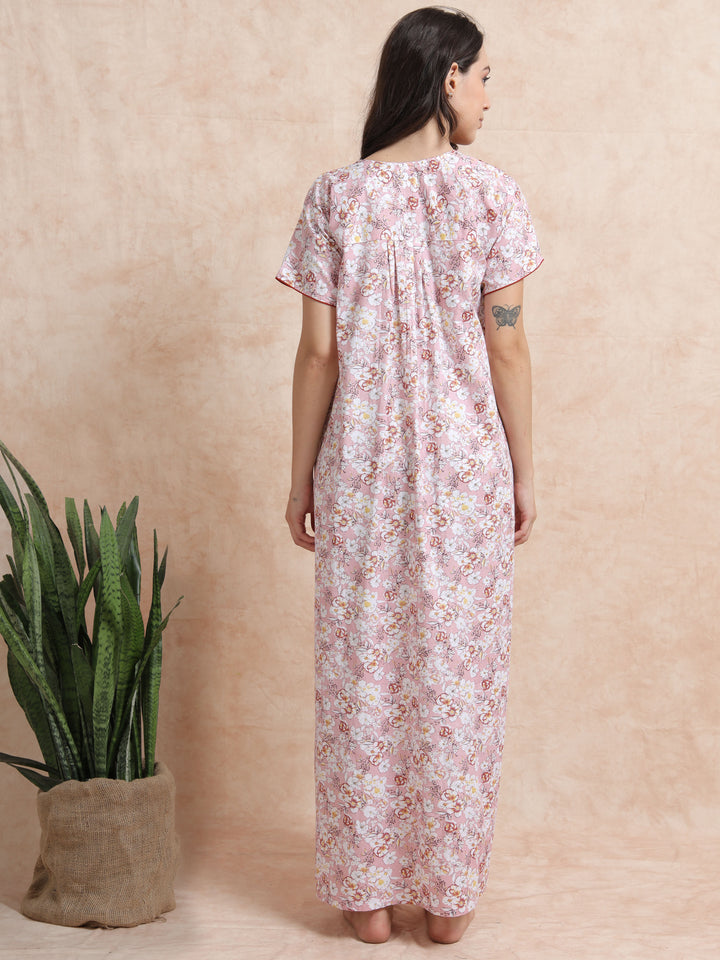 Pink Pure Cotton Floral Nighty for Women