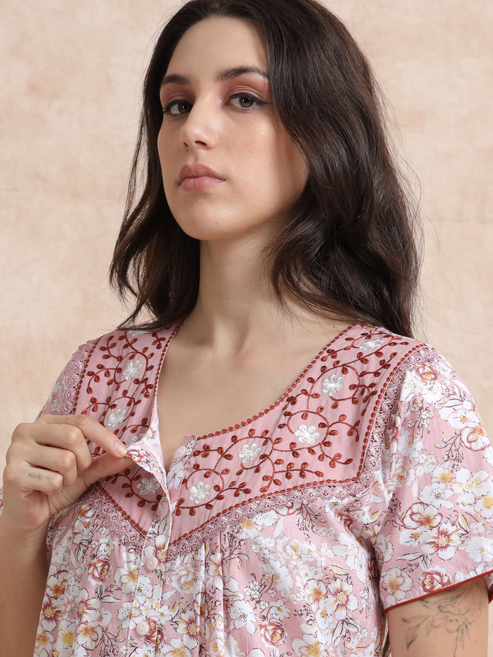 Pink Pure Cotton Floral Nighty for Women