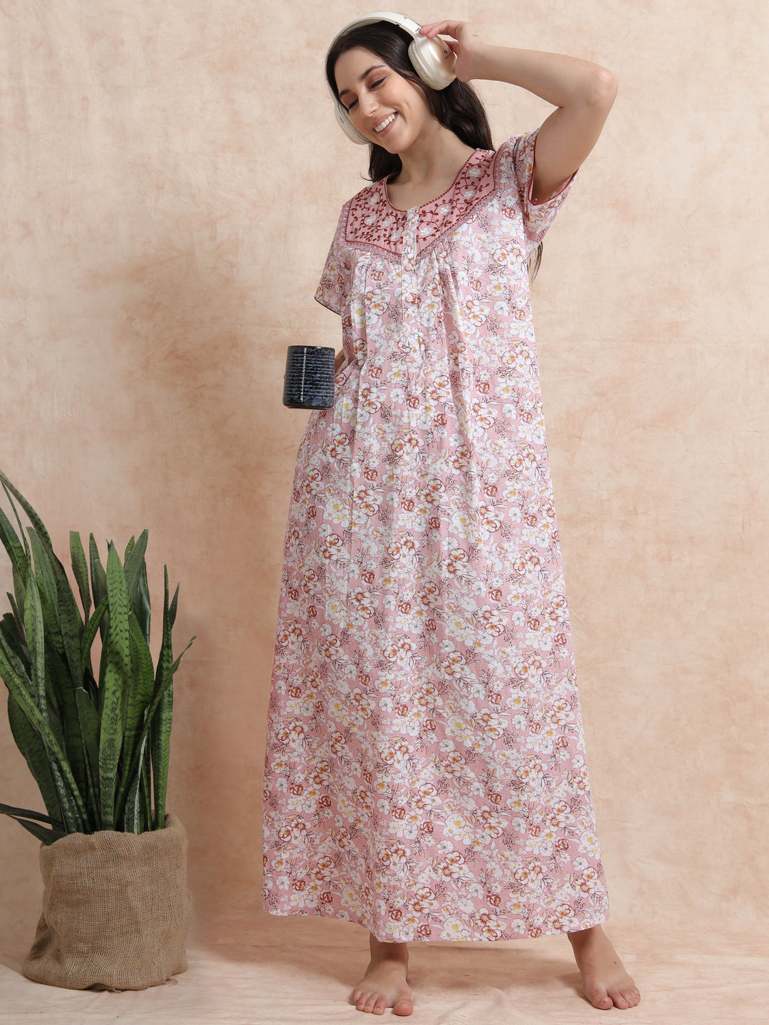 Pink Pure Cotton Floral Nighty for Women