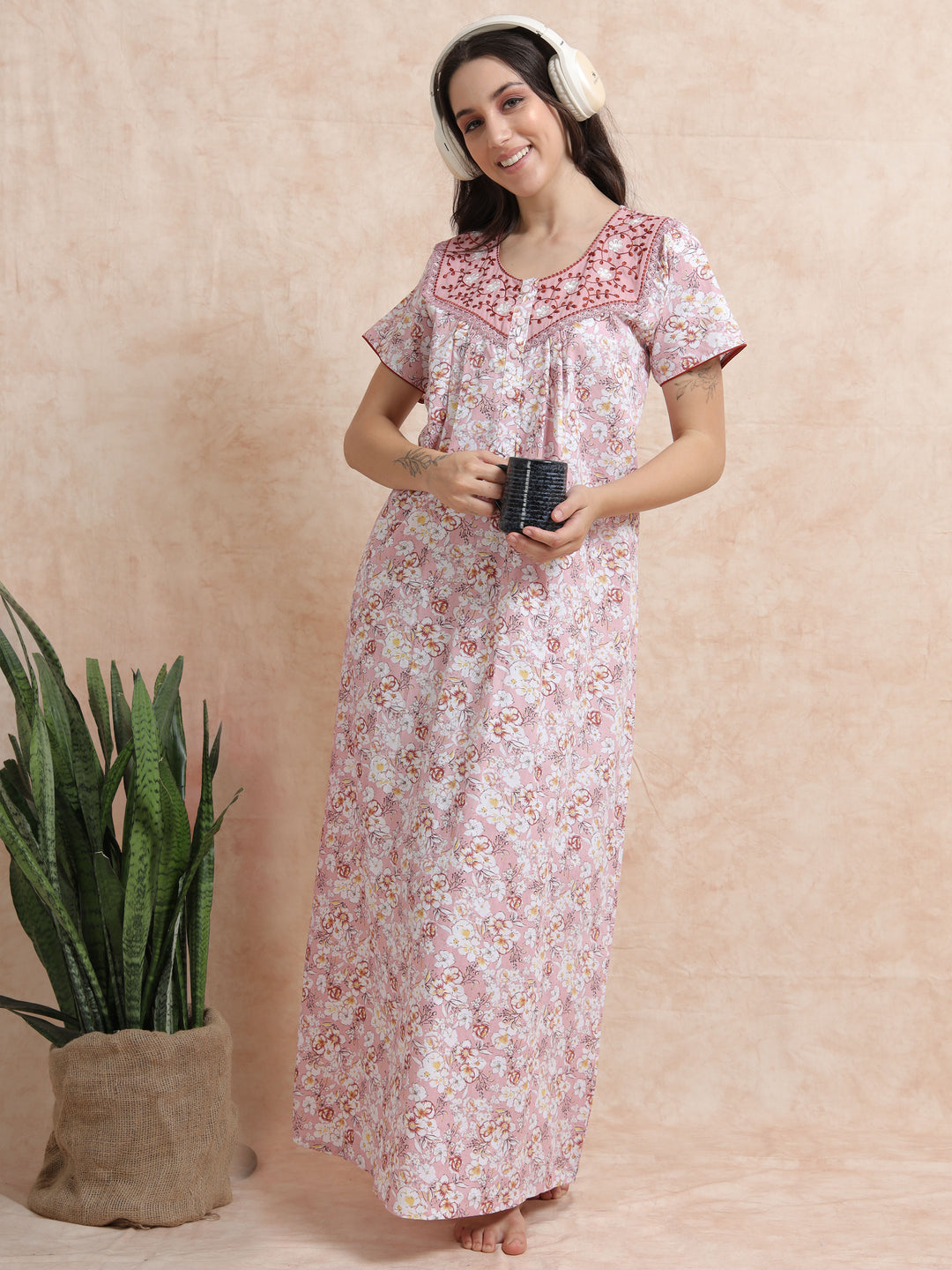 Pink Pure Cotton Floral Nighty for Women