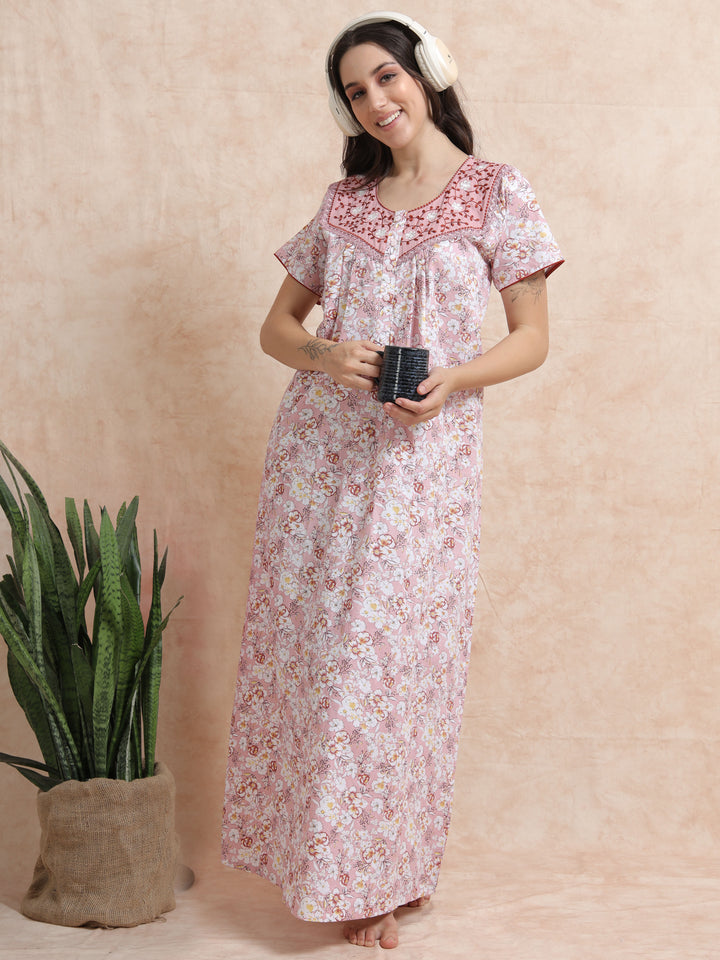 Pink Pure Cotton Floral Nighty for Women