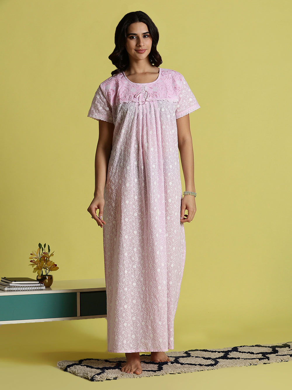 Pink Rose Pure Cotton Chikankari Nighty For Women