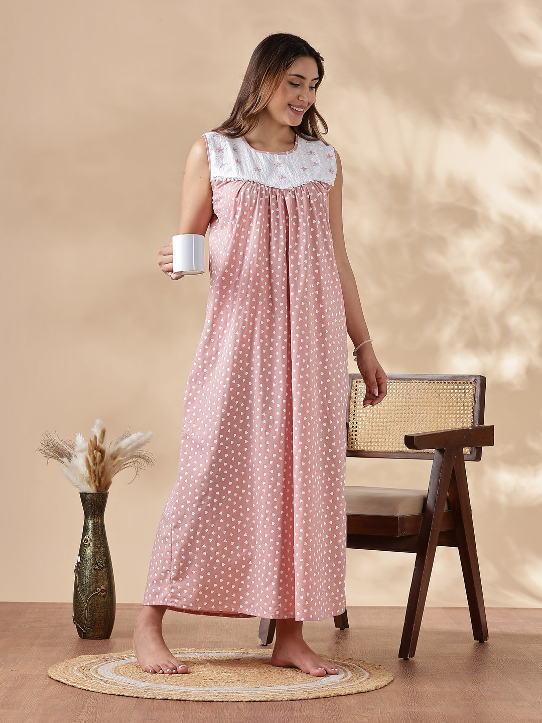 Pink Cotton Sleeveless Nighty for Women with Lace