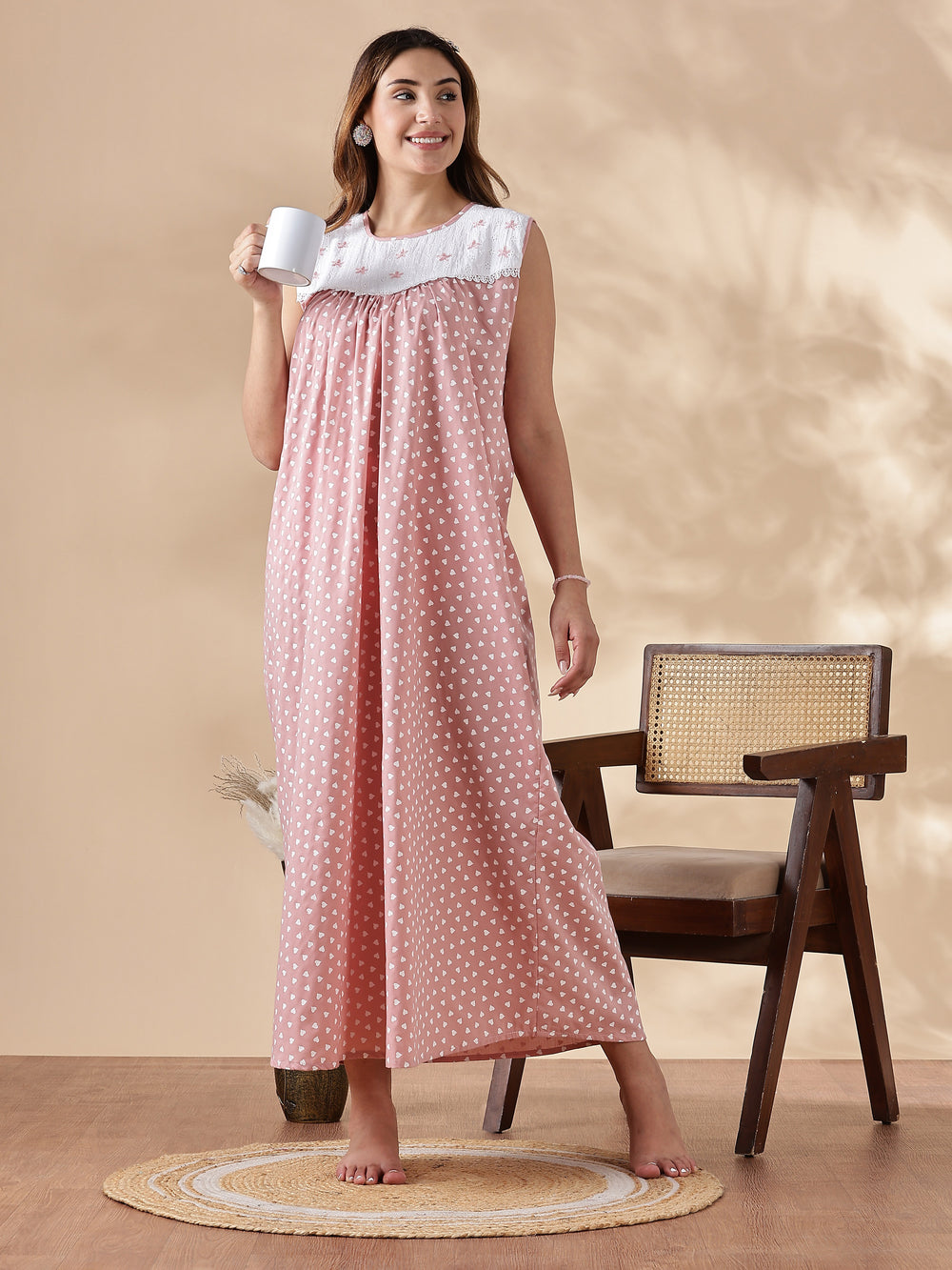 100% pure cotton pink sleeveless nighty for women with lace