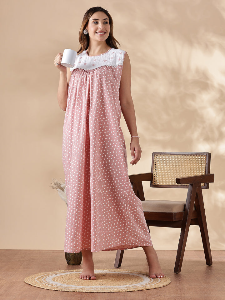 Purple Cotton Sleeveless Nighty for Women with Lace