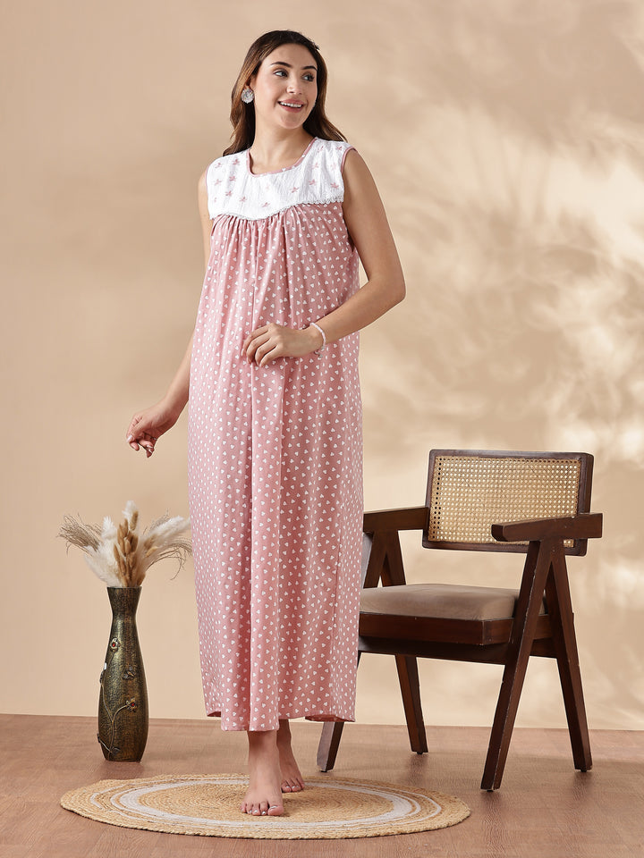 Purple Cotton Sleeveless Nighty for Women with Lace