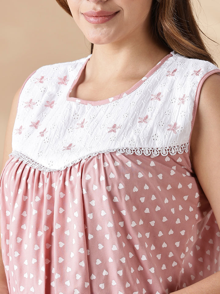 Purple Cotton Sleeveless Nighty for Women with Lace