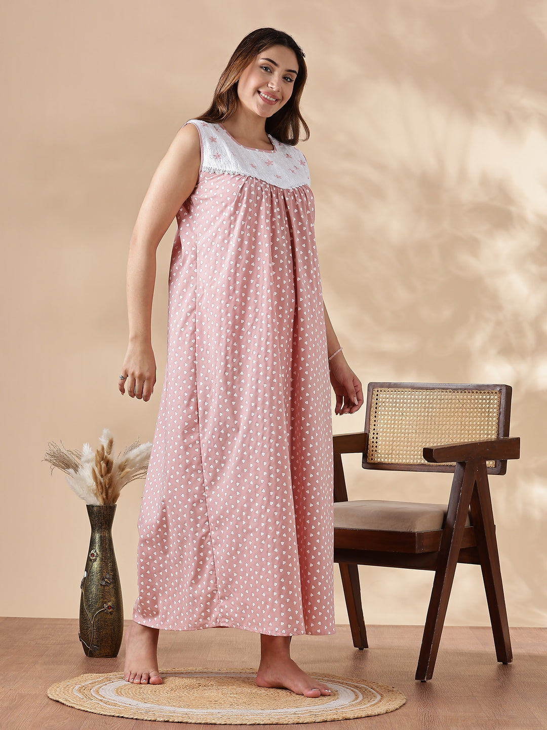Purple Cotton Sleeveless Nighty for Women with Lace