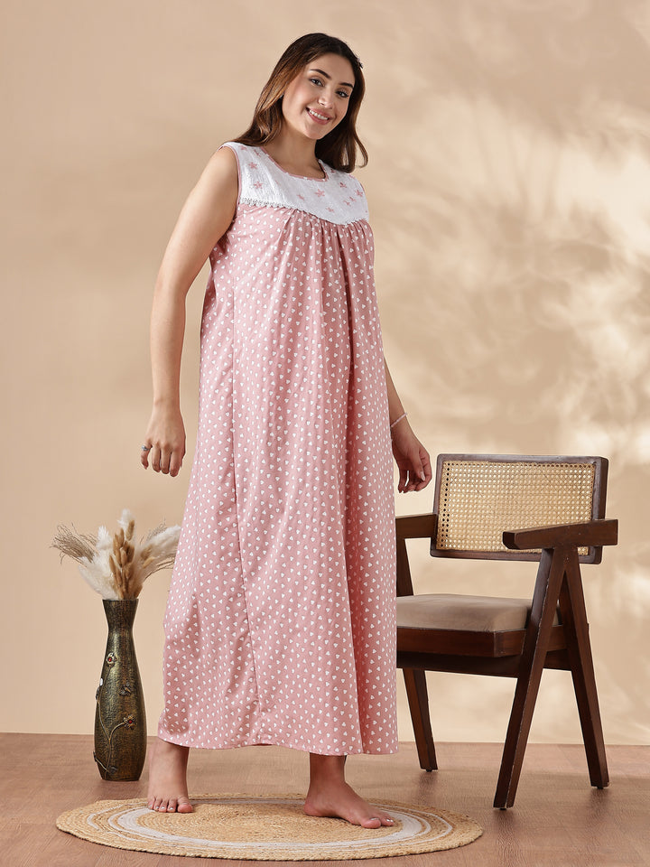 Purple Cotton Sleeveless Nighty for Women with Lace