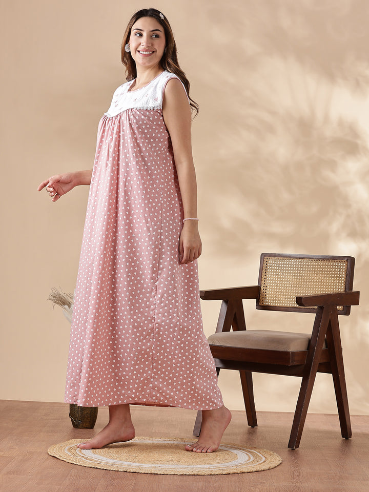 Purple Cotton Sleeveless Nighty for Women with Lace