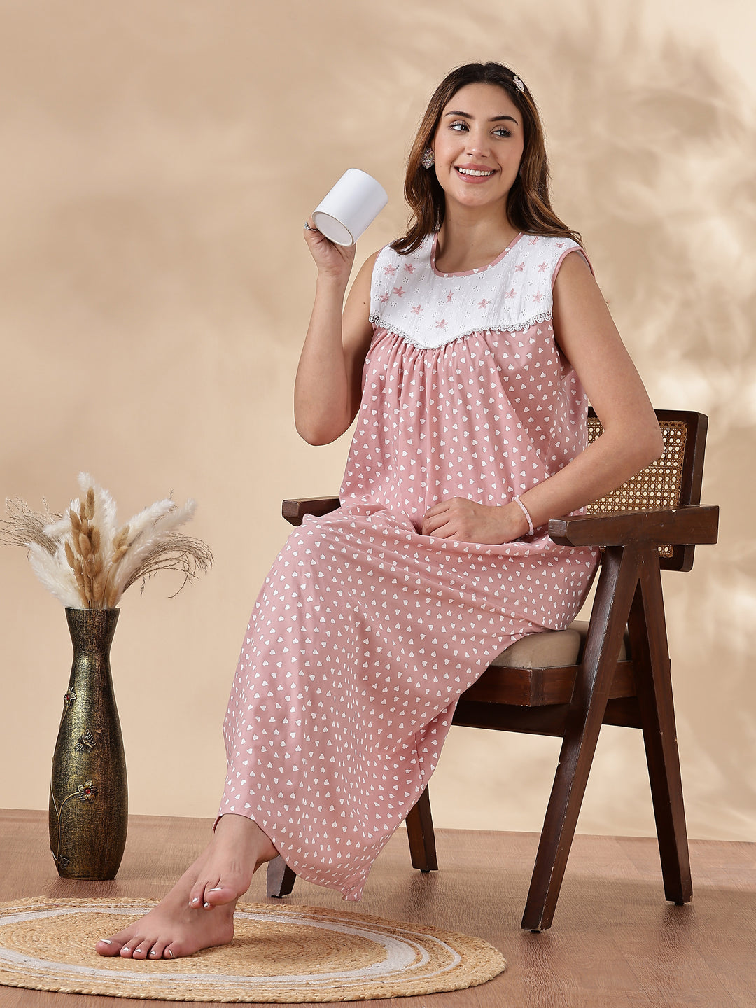 Purple Cotton Sleeveless Nighty for Women with Lace