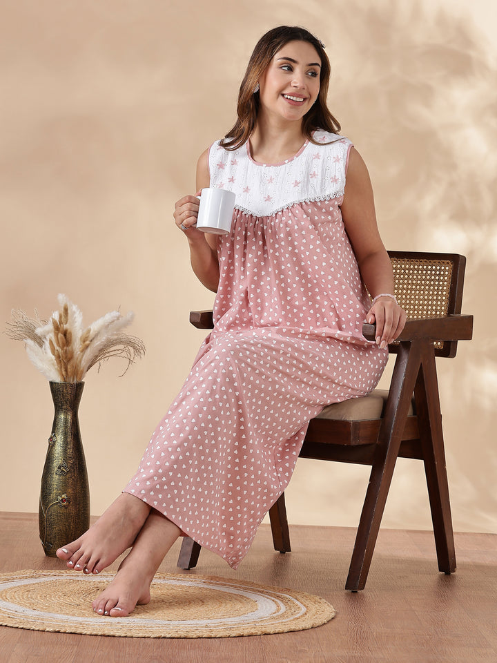 Purple Cotton Sleeveless Nighty for Women with Lace