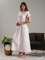 Pink Floral Printed Bamboo Cotton Nighty for Women with Pocket