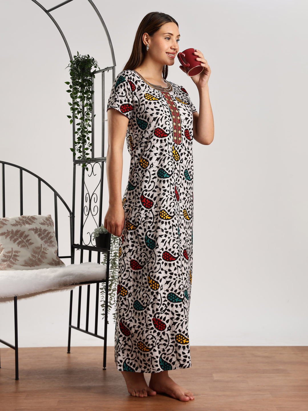 Pure Cotton Leaf Print Batik Nighty for Women