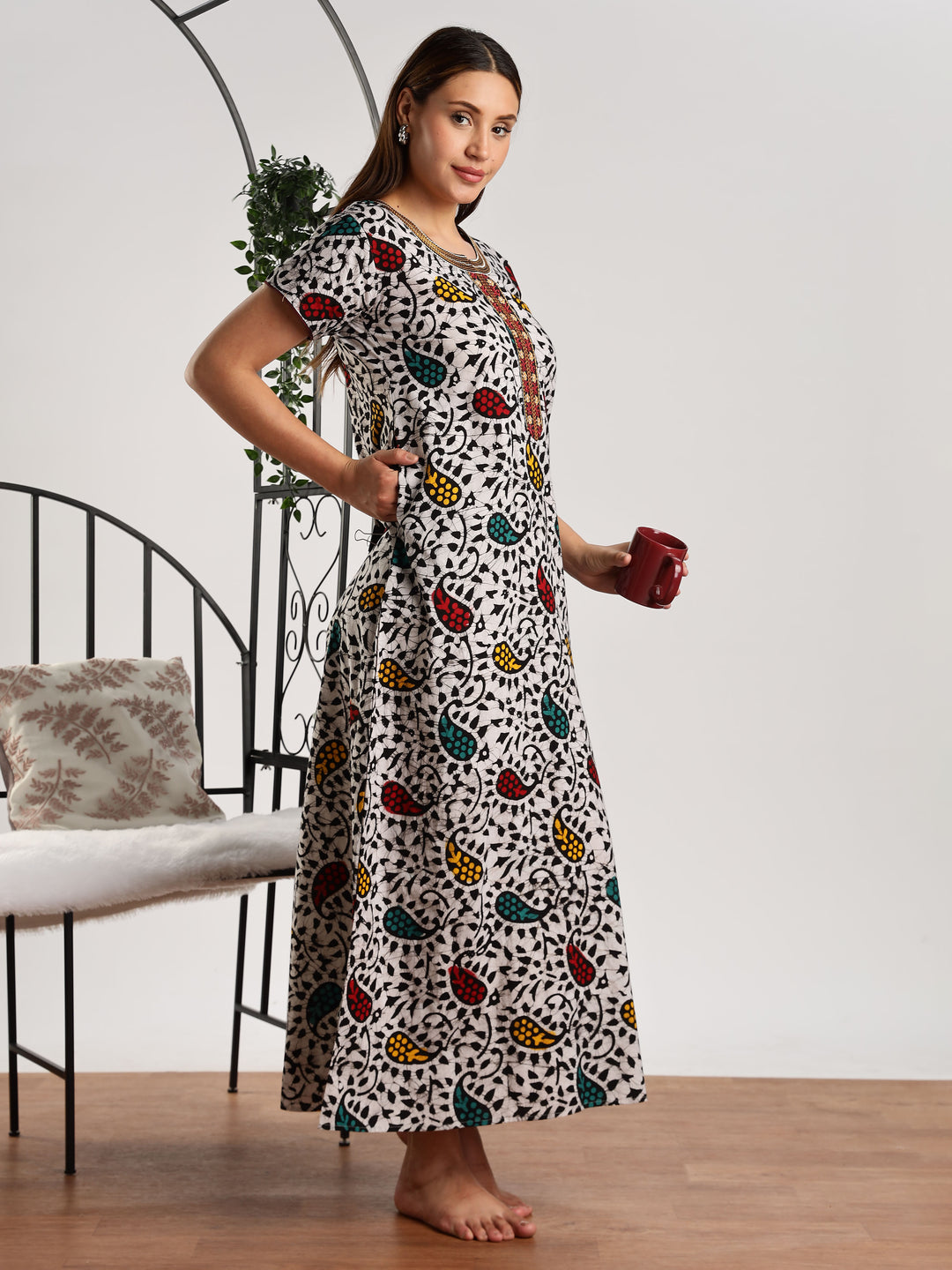 Pure Cotton Leaf Print Batik Nighty for Women