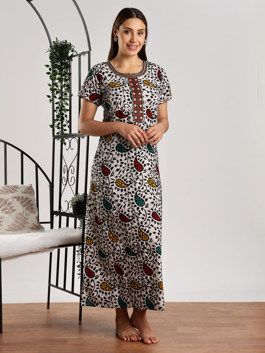 Pure Cotton Leaf Print Batik Nighty for Women