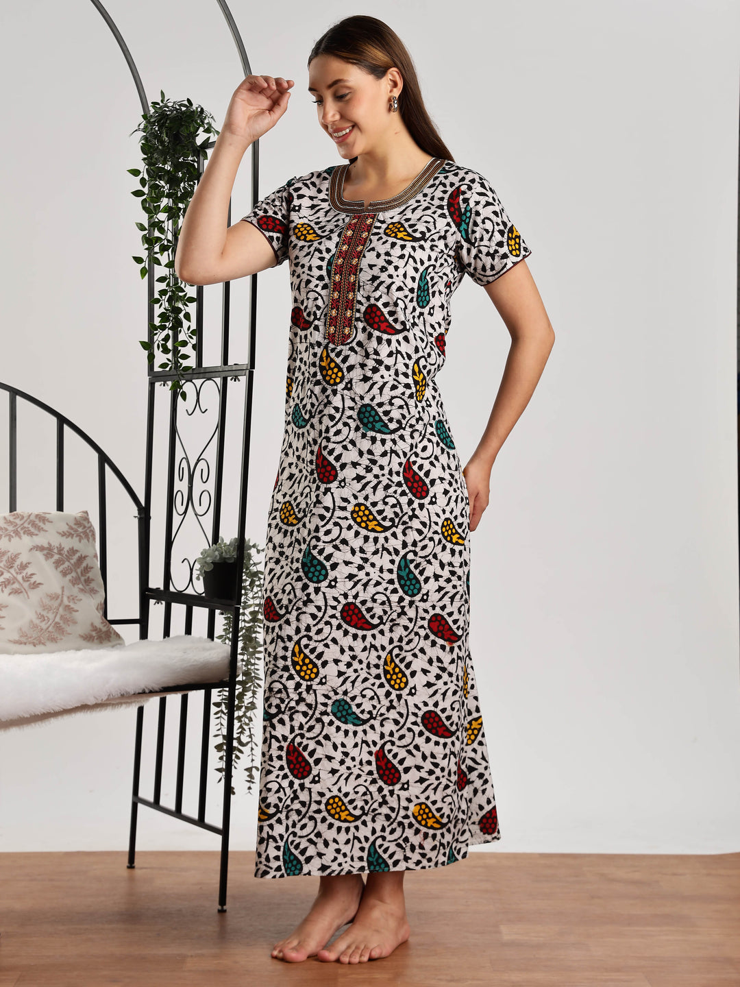 Pure Cotton Leaf Print Batik Nighty for Women