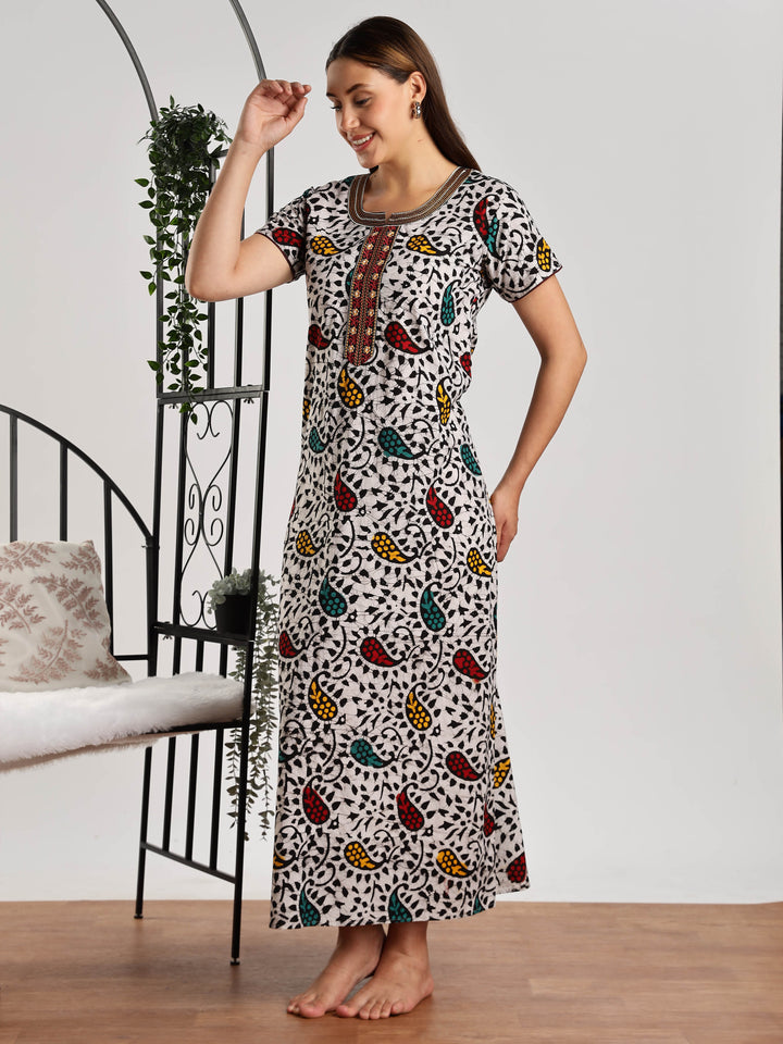 Pure Cotton Leaf Print Batik Nighty for Women