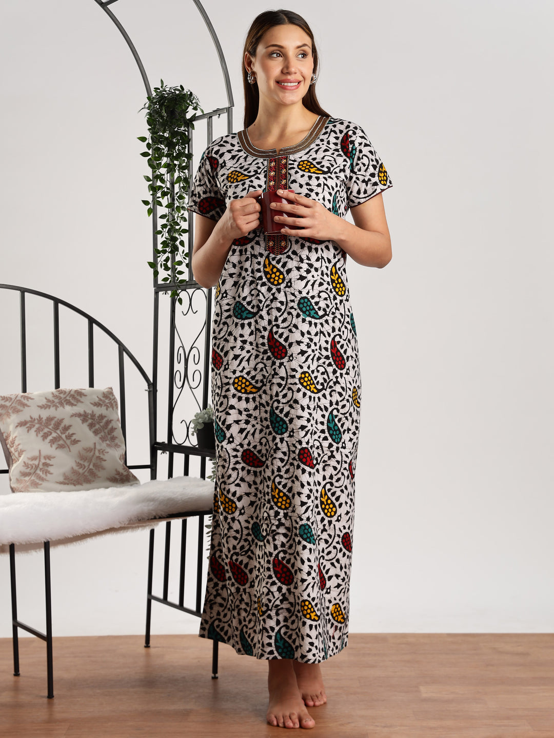 Pure Cotton Leaf Print Batik Nighty for Women