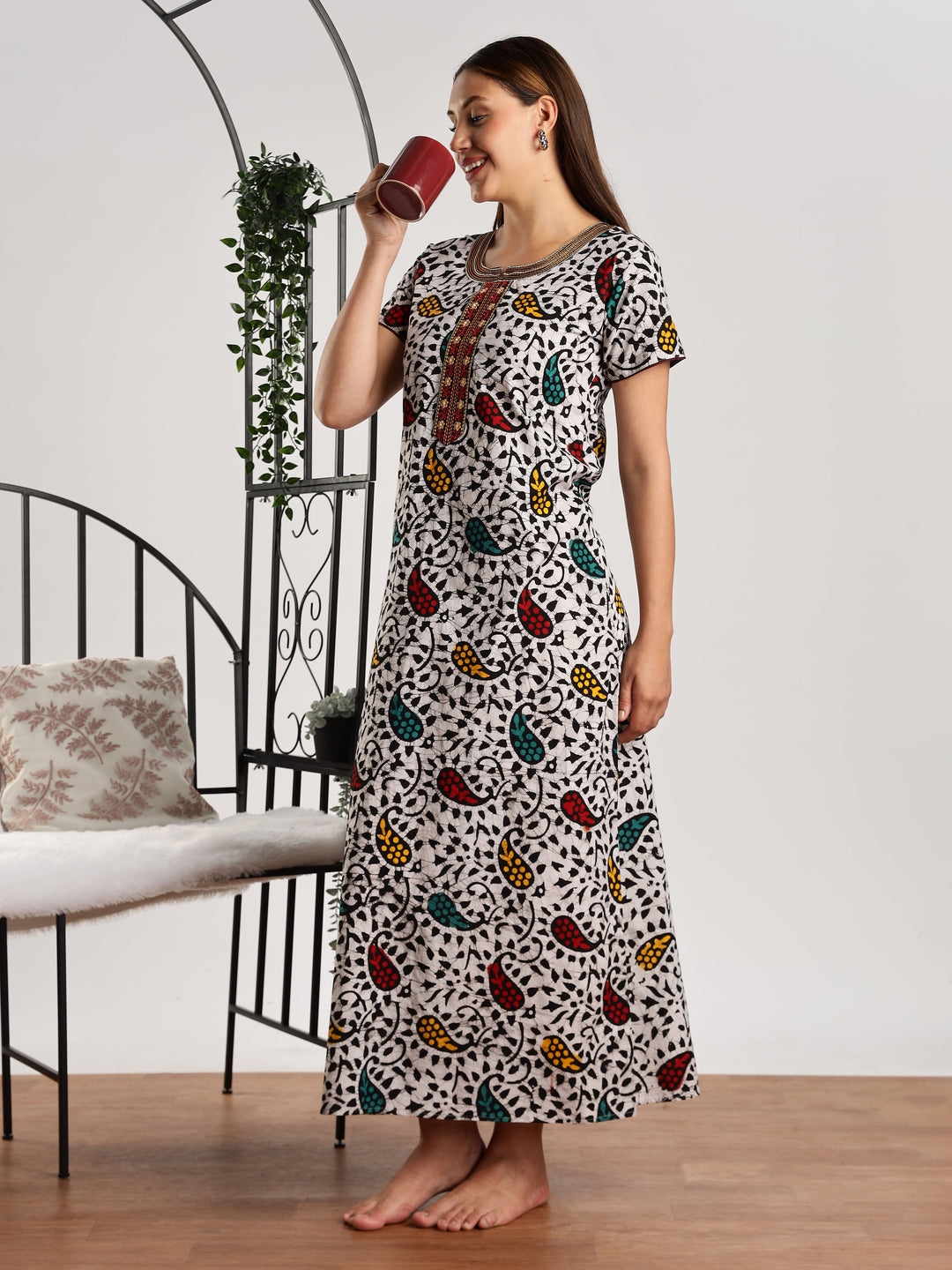 Pure Cotton Leaf Print Batik Nighty for Women