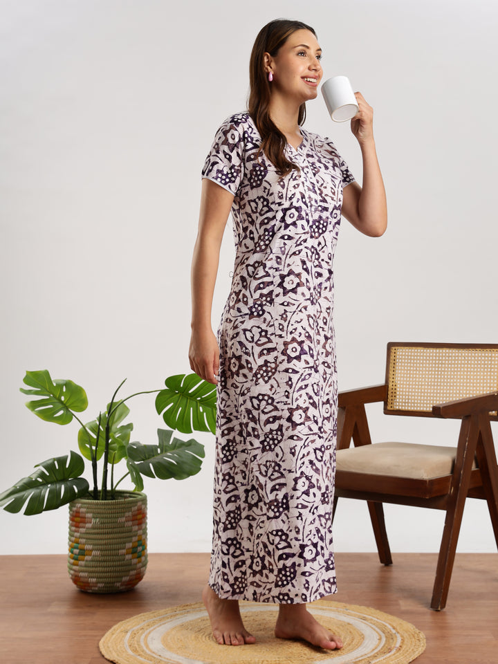 Purple Batik Print Pure Cotton Nighty for Women