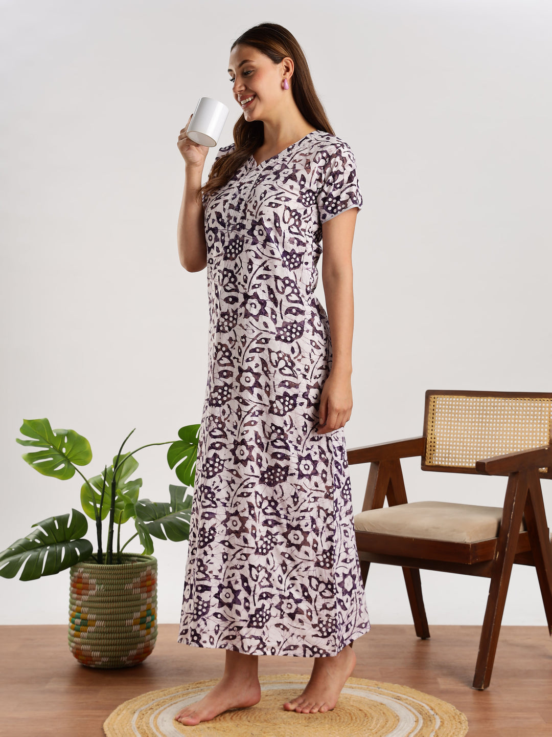 Purple Batik Print Pure Cotton Nighty for Women